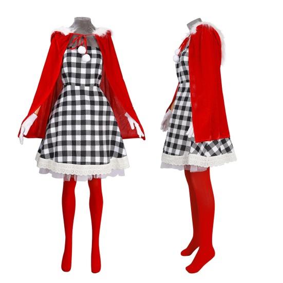 Weihnachtskostüm für Frauen Mädchen Kariertes Kleid mit rotem Samtumhang Strümpfe Handschuhe Set Weihnachtself Cosplay Outfit