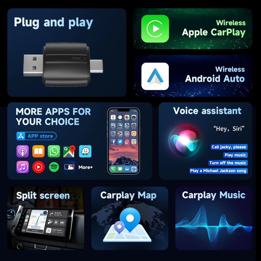 Kebidumei NEW 2 in1 Wireless Carplay Android Auto Wireless Adapter Smart Mini AI Box Plug And Play Dongle WiFi Fast Connect