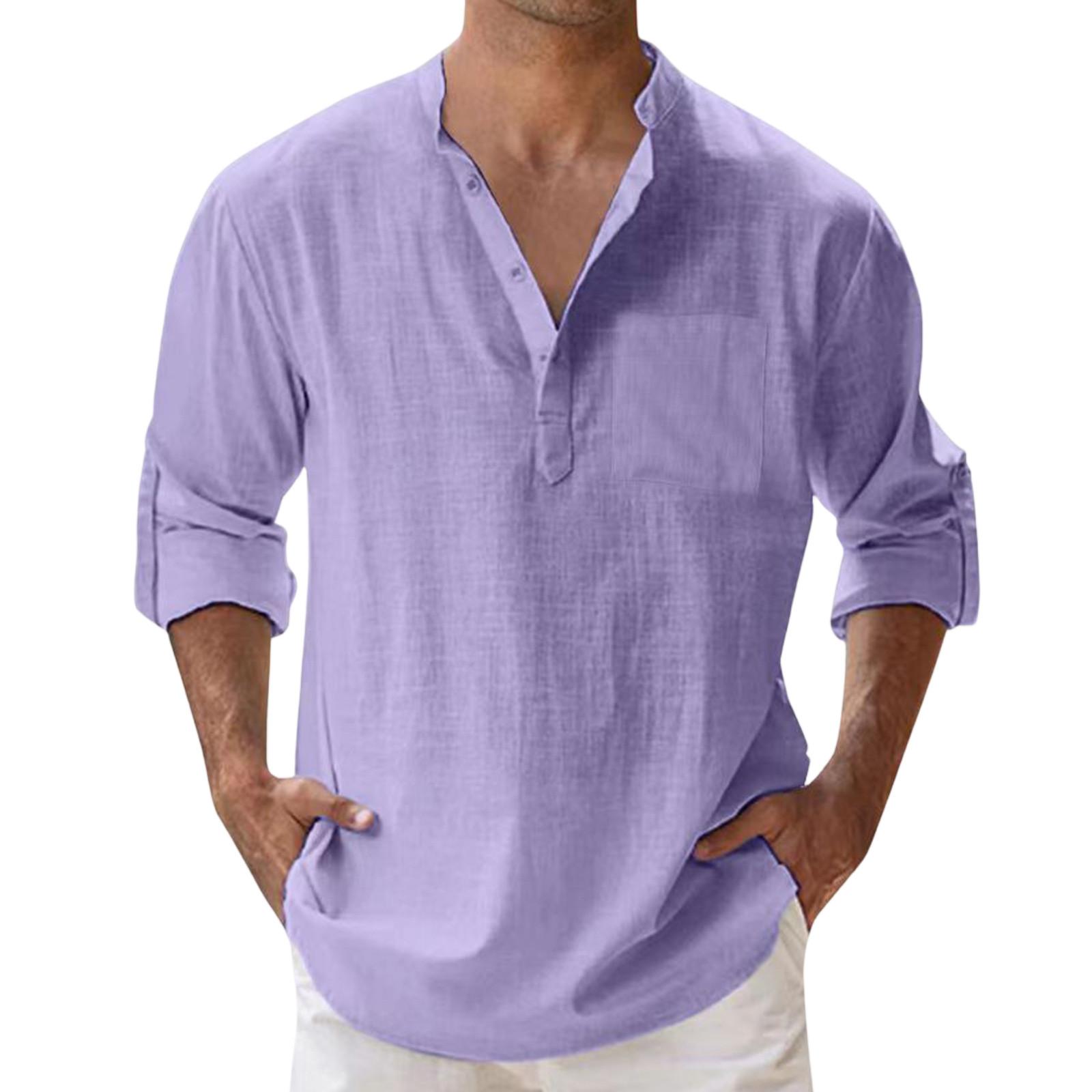 

Мужская модная рубашка с воротником-стойкой, однотонная, повседневная, с длинными рукавами XL фиолетовый