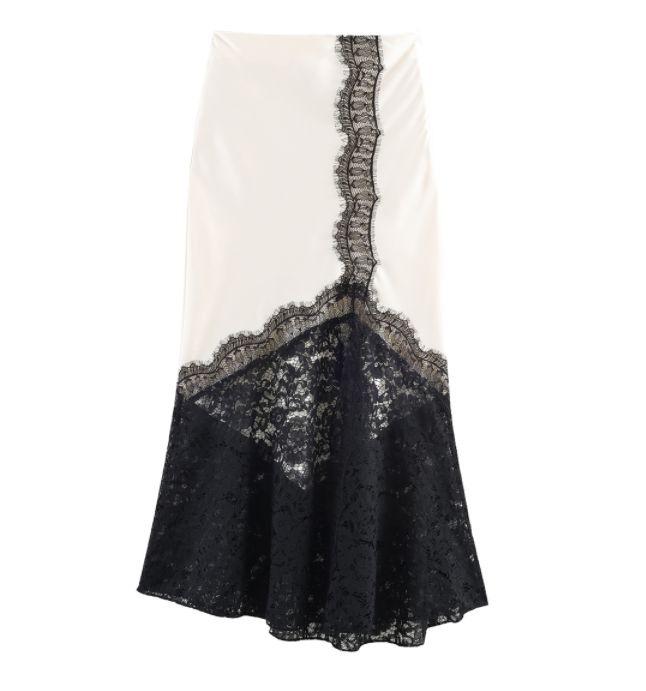

European Style Women s Mid-Length Lace Silk Satin Skirt - Autumn/Winter Collection Medium чорний/білий