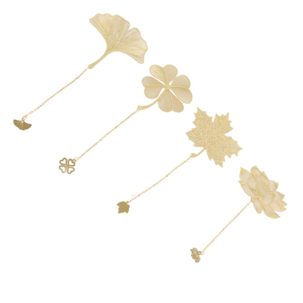 4pcs Metal Bookmarks with Chain Four Patterns Hollow Thin Golden Brass Metal Bookmarks