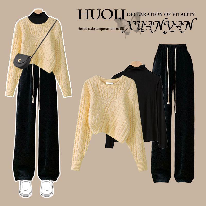 

2024 Женский трикотажный свитер нежного стиля и брюки широкого кроя, комплект из трех предметов для осени/зимы XL (suggested 60-70 kg)