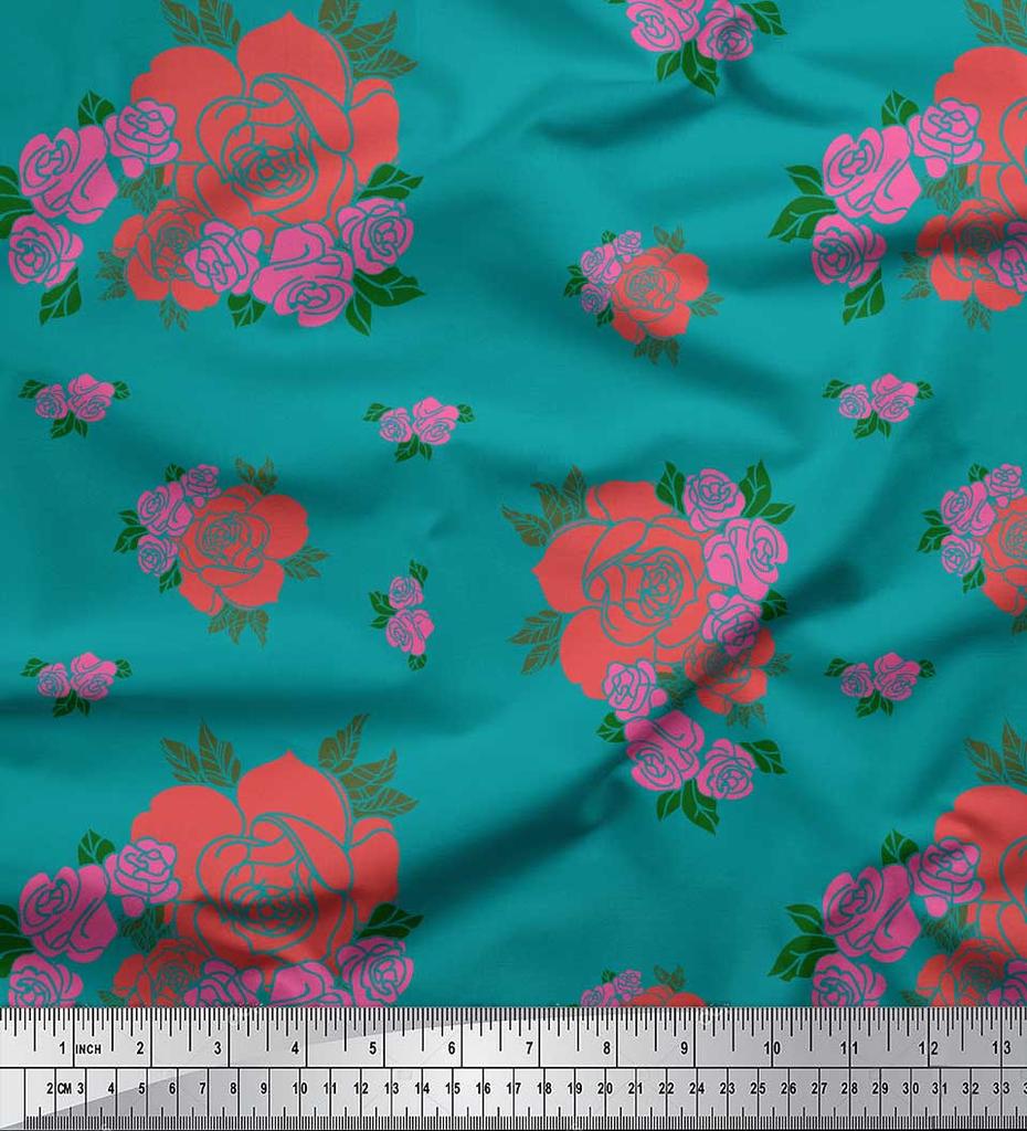 Soimoi Black Japan Crepe Satin Fabric Leaves & Rose Floral Fabric Prints Meter 42 Inch