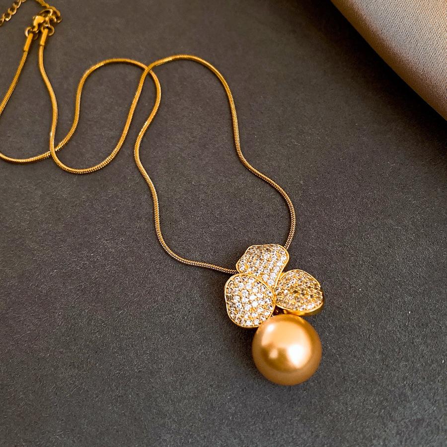 18k real gold wind zircon flower pearl necklace accessories women s sweater chain necklace