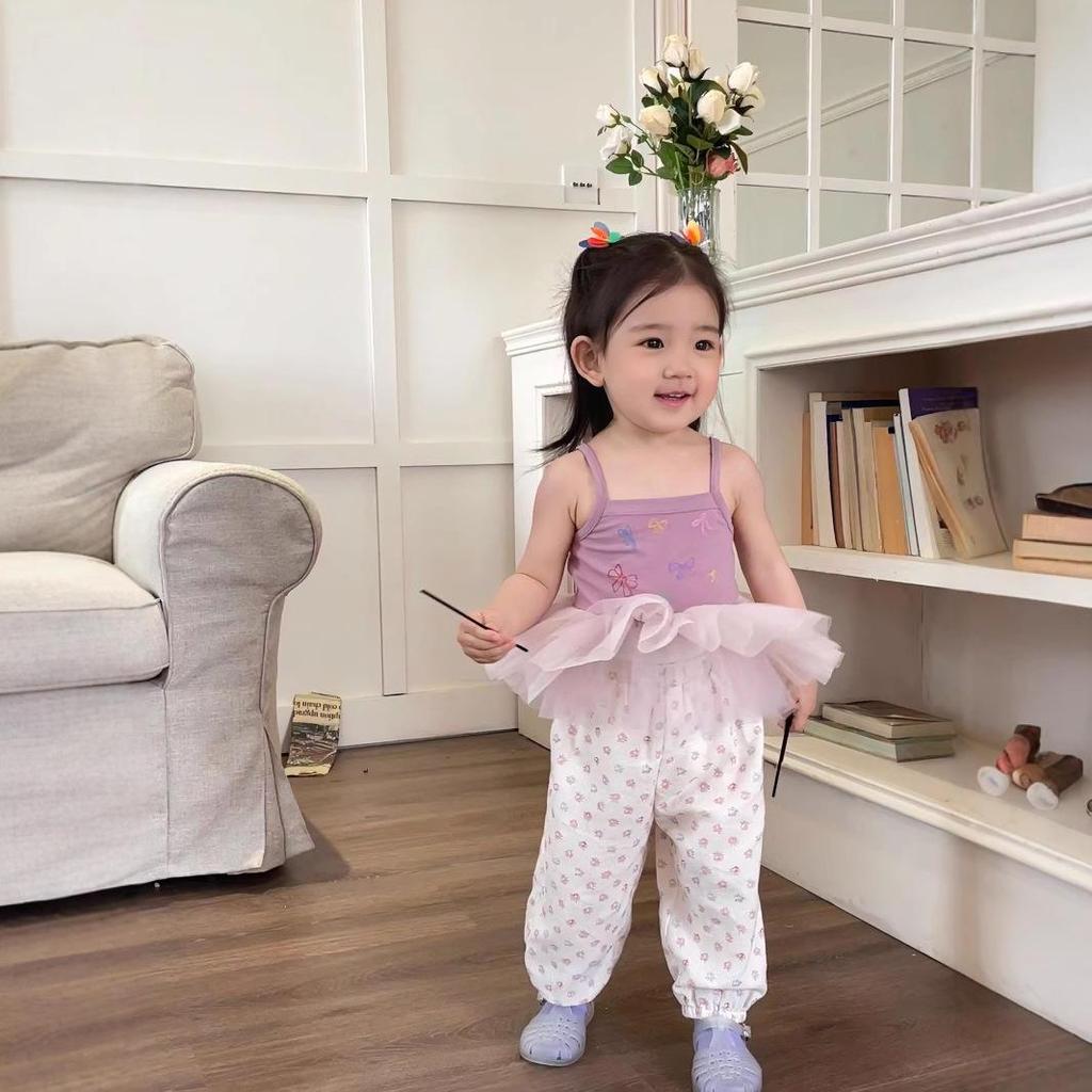 Now B. Happy Summer Girls' Gauze Top & Wide-Leg Pants Set - Stylish, Versatile, and Casual.