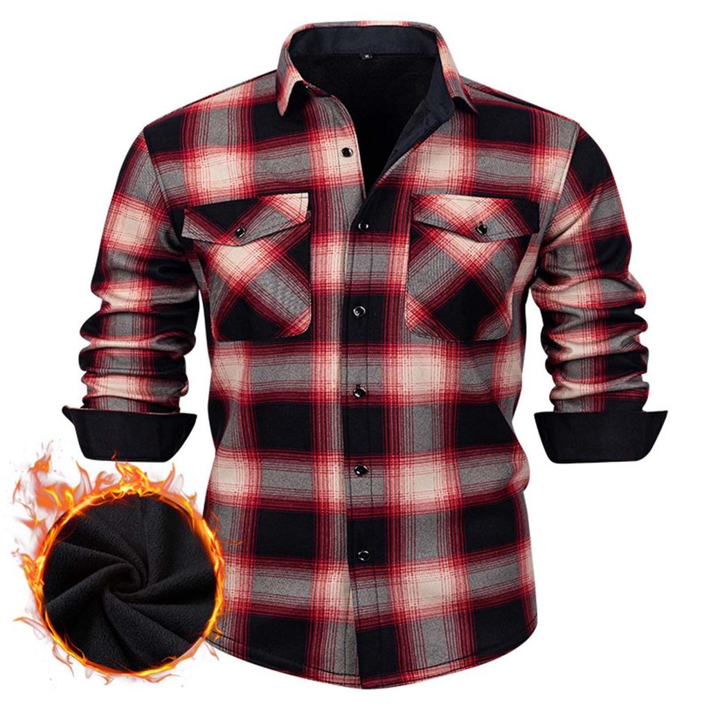 Men's Casual And Trendy Checked Button Cardigan, Men's Lapel Long-sleeved Inner Fleece Warm Coat
