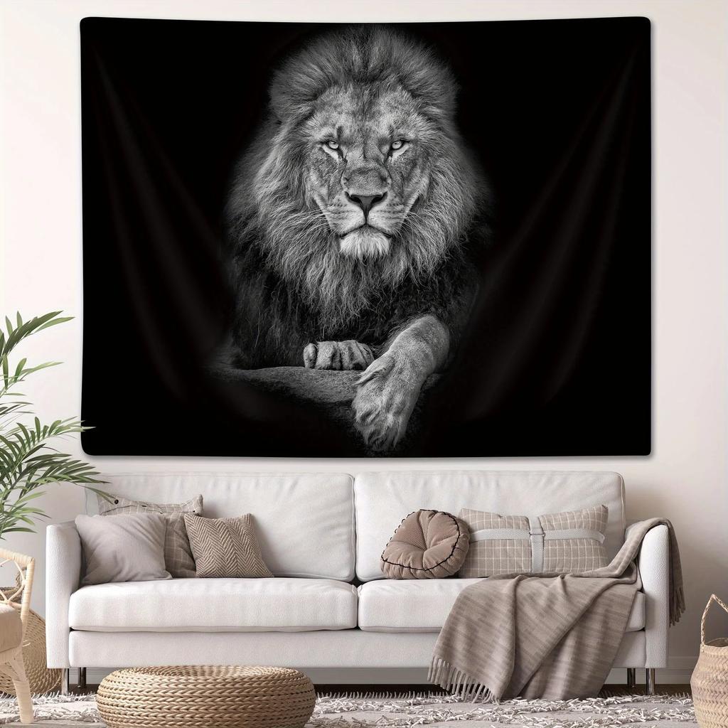 Black And White Lion Wall Tapestry, Majestic Animal Portrait Art, Bold Home Decor For Living Room & Man Cave