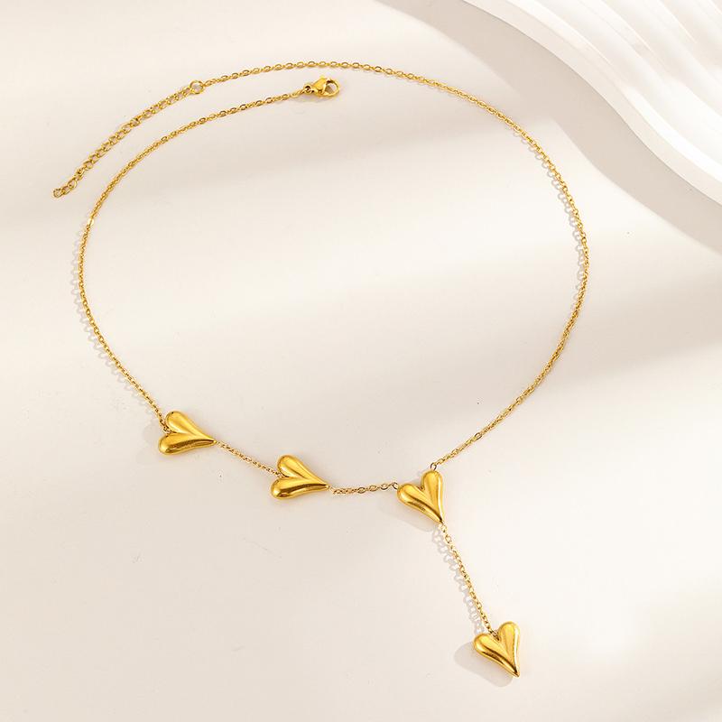 Stainless Steel Heart-Shaped Tassel Pendant Necklace for Women Gold Y-Shaped Clavicle Chain Jewelry