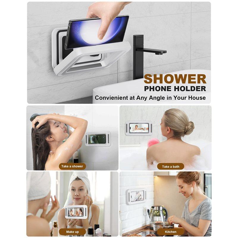 ABBP-For Shower Phone Holder With Speaker 480 Degree Rotation, Wall Mount For Waterproof For 4-7" Phones, Anti-Fog Case Included