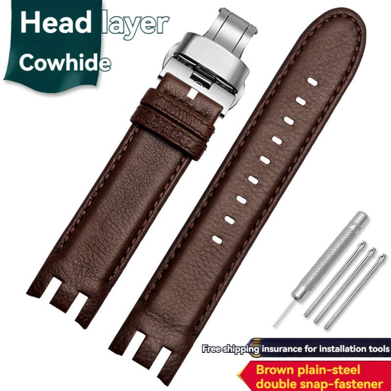 Pulsera de Interfaz Curva Dedicada de 21 mm para Reloj Swatch Correa de Cuero de Vaca para Hombre YRS403 YRS412 YRS402g Correa de Piel de Ternero con Herramientas