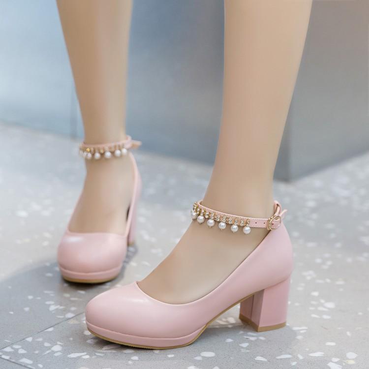 Girls Leather Shoes Ladies High Heel Shoes Sweet Pearl Ankle Strap Princess Mary Janes Party Wedding Shoes Women Pump 30-43
