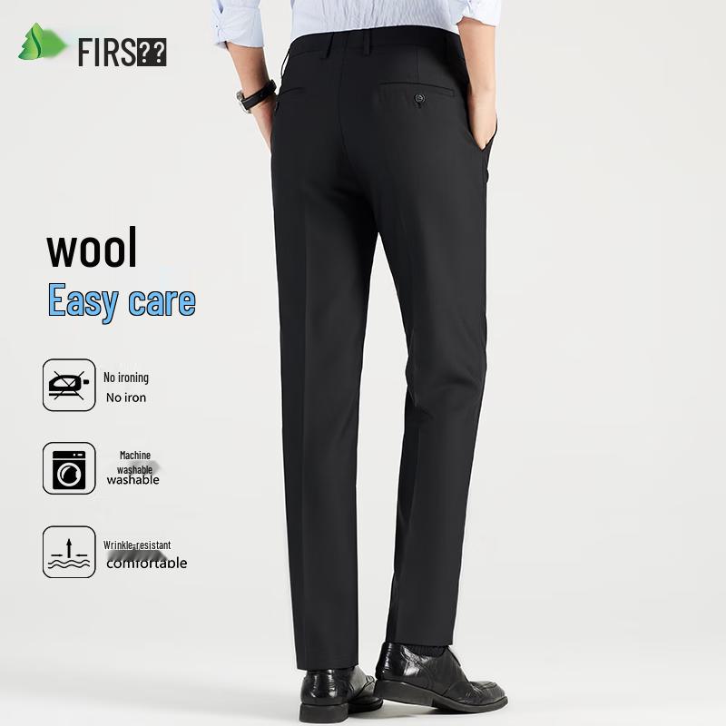 Calças Sociais Masculinas de Lã Mista, Antirrugas, Corte Reto