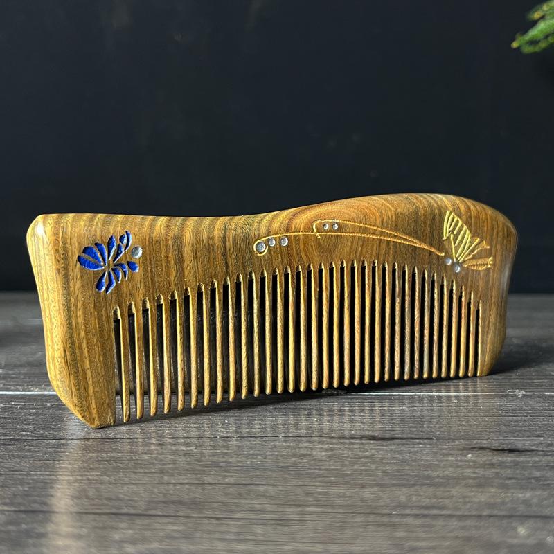 Creative Carved Green & Jade Sandalwood Gold-Painted Travel Comb for Men & Women