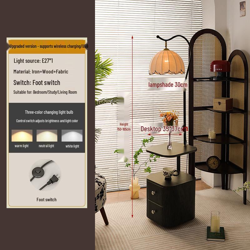 French Mid-Century Smart Bedside Table: Solid Wood, Integrated Lamp, Creative Storage Shelf