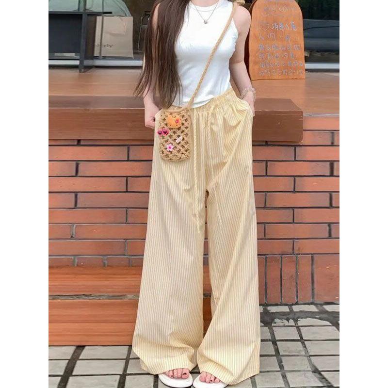 Striped Lazy Style Wide-leg Pants Vintage Summer Fresh Loose Thin Floor-length Casual Trousers Women