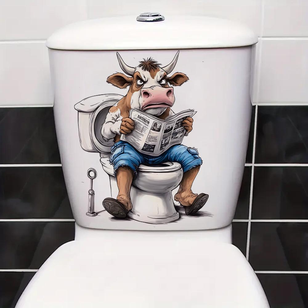 3D Funny Cartoon Calf Reading Newspaper On Toilet Wall Sticker Self-Adhesive Waterproof Removable Bathroom Home Decor Art