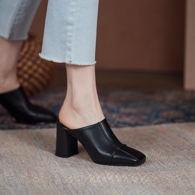 Fashion Women's New Summer European and American Leather Square Headed Thick High Heel Large Size Baotou Slippers
