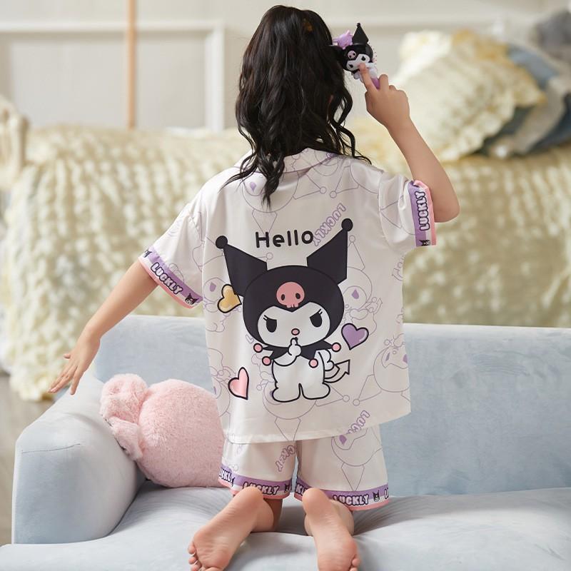 Girls Ice Silk Pajama Set Short Sleeve Cartoon Print Sleepwear Kids 8 Years