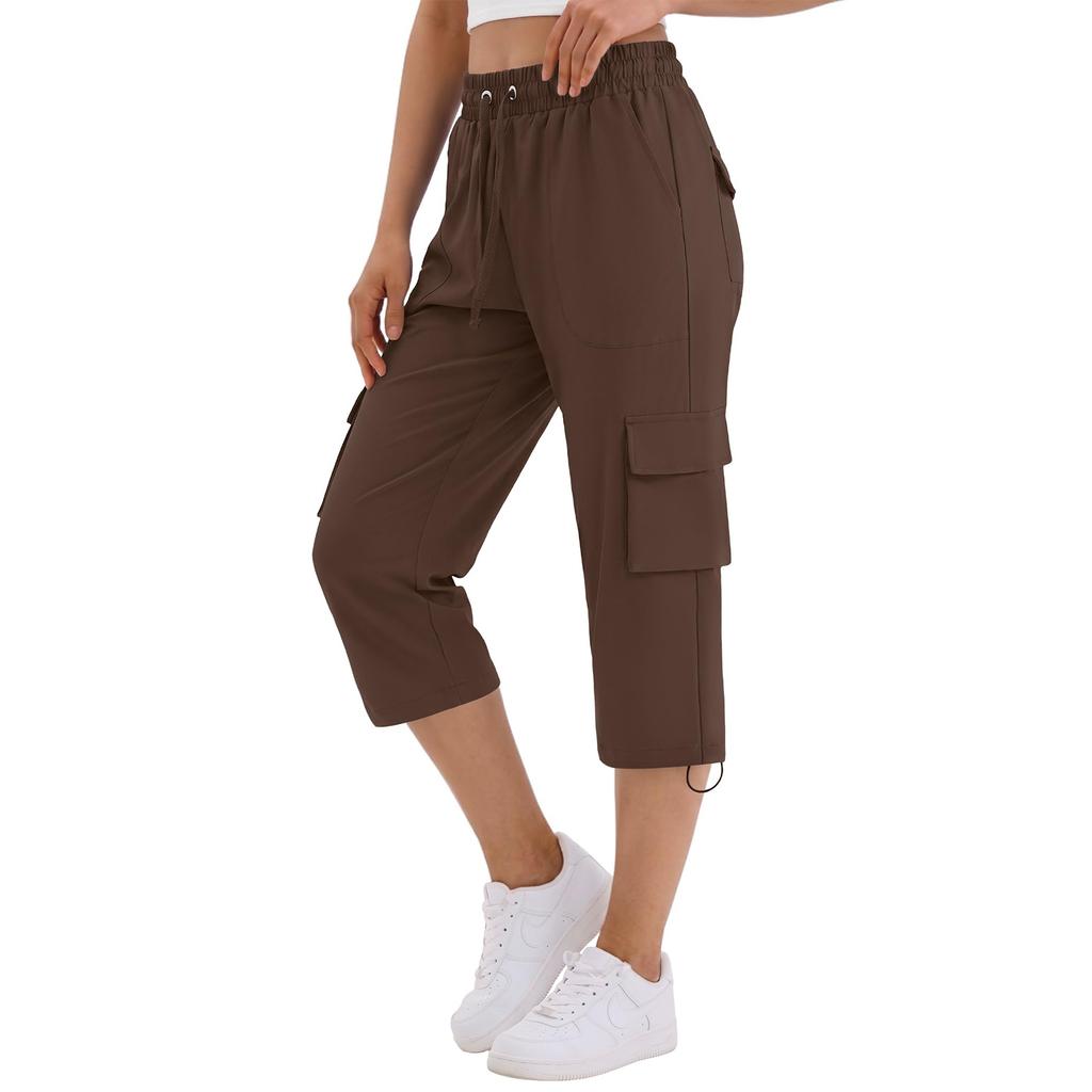 Women Casual Solid Color Loose Fit Sport Cargo Capri Pants with Elastic Waist and Adjustable Drawstring for Outdoor Activities