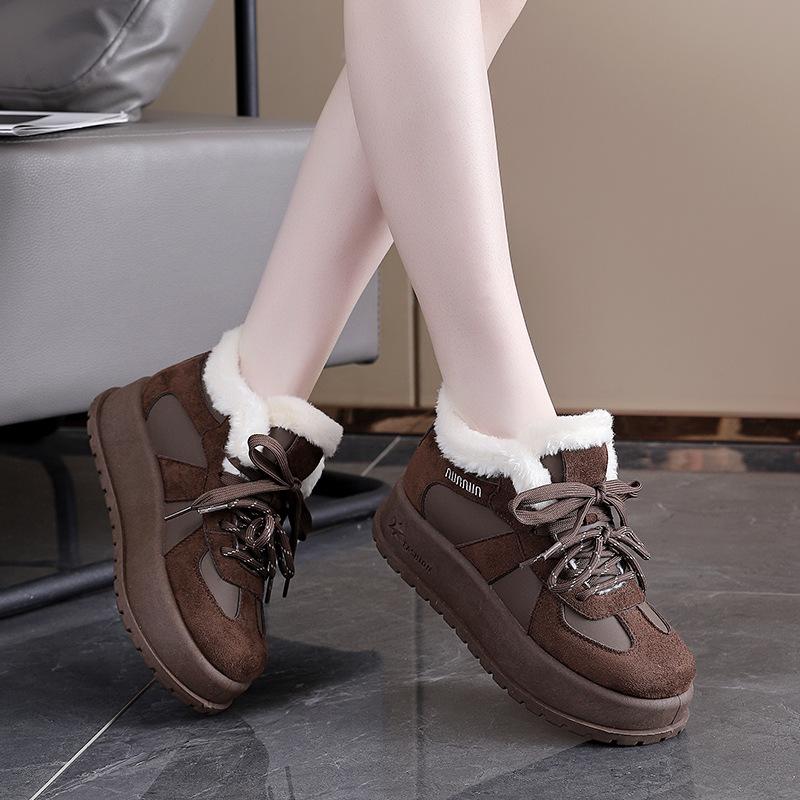 Damen Winter Schnürstiefel mit dicker Sohle Fell eins leicht warm kälteabweisend gefüttert Schneestiefel rutschfest abriebfest lässige Sneaker Baumwollstiefel Board Schuhe