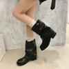 Autumn Winter Thick Heel Women Western Cowboy Boots Fashion Belt Buckle Slip On Shoes Ladies Vintage Pleated Short Booties
