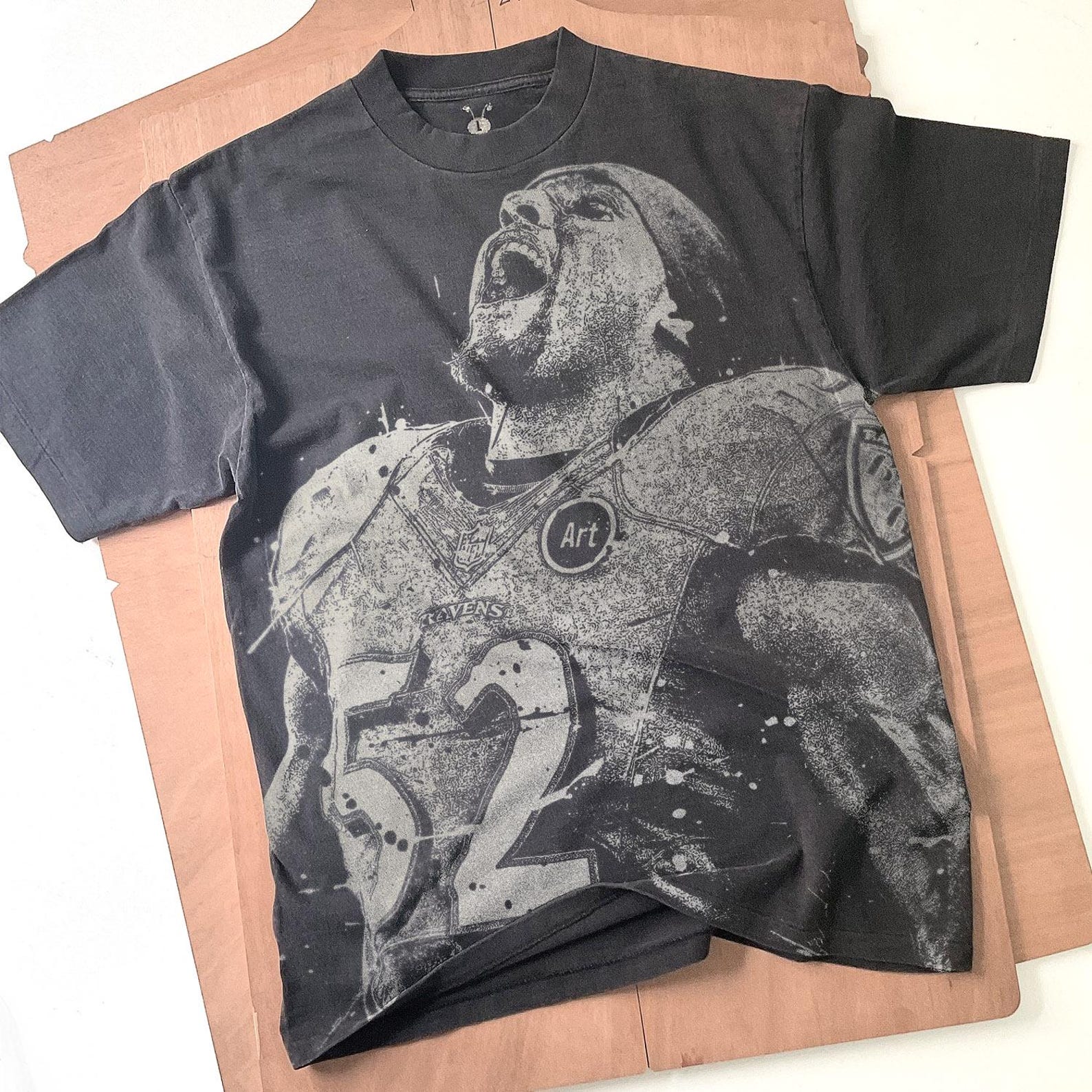 Ray Lewis Shirt: Handmade Bleached T-Shirt Faded Black Cotton Tee L