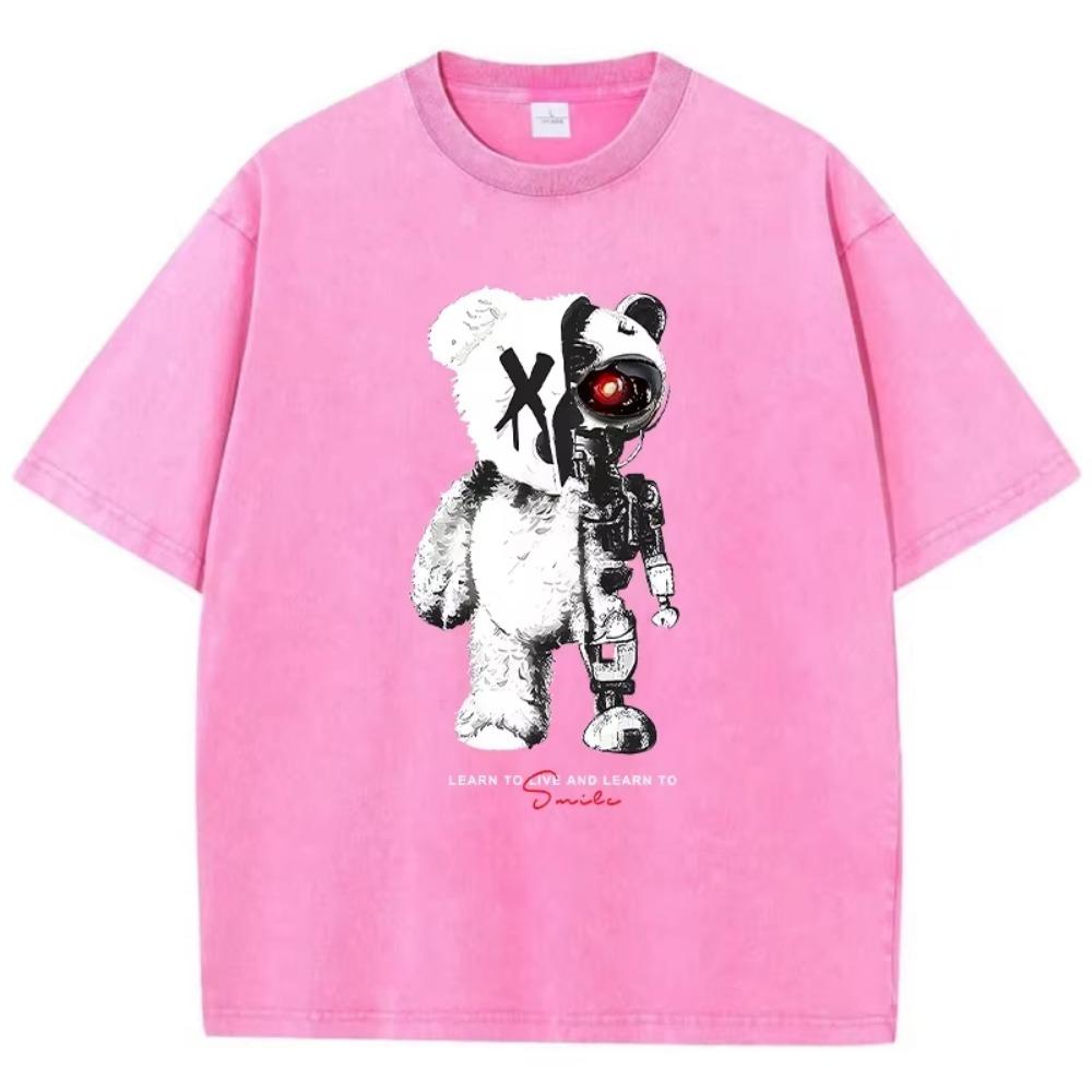 Cartoon Machine Bear Print Tshirts Casual Breathable Street Sweat Summer T-Shirts Personality Loose Cotton T Shirt For Men