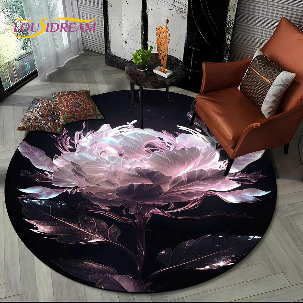 3D Dream Flower Rose Daisy Nordic Round Carpet Rug for Living Room Bedroom Child Playroom Chair Decor,Pet Area Rug Non-slip Mat