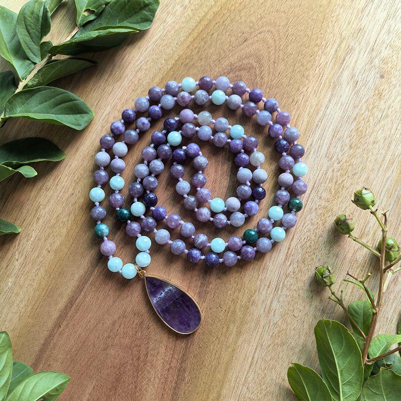 Lepidolite,Aquamarine,Moss Onyx Mala,Amethyst Pendant,108 Hand Knotted Meditation Mala Necklace,Yoga Jewelry,Healing Crystals