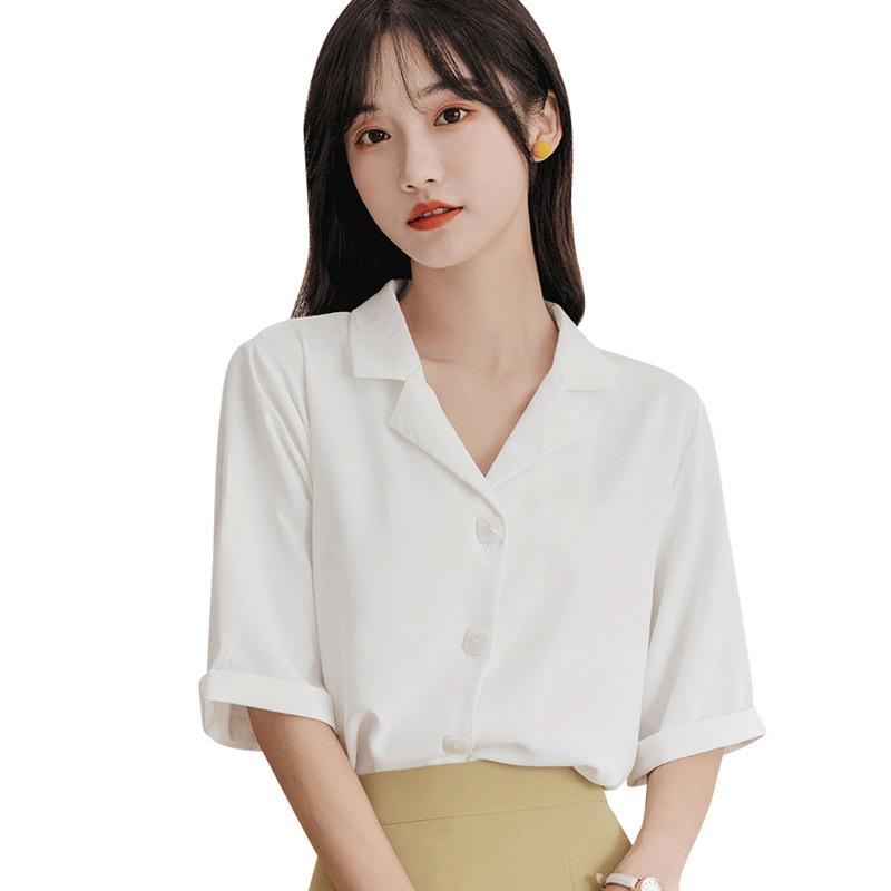 Suit V-neck Chiffon White Shirt Female Short-sleeved Summer Loose Professional Temperament Design Sense Five-minute Sleeve Shirt