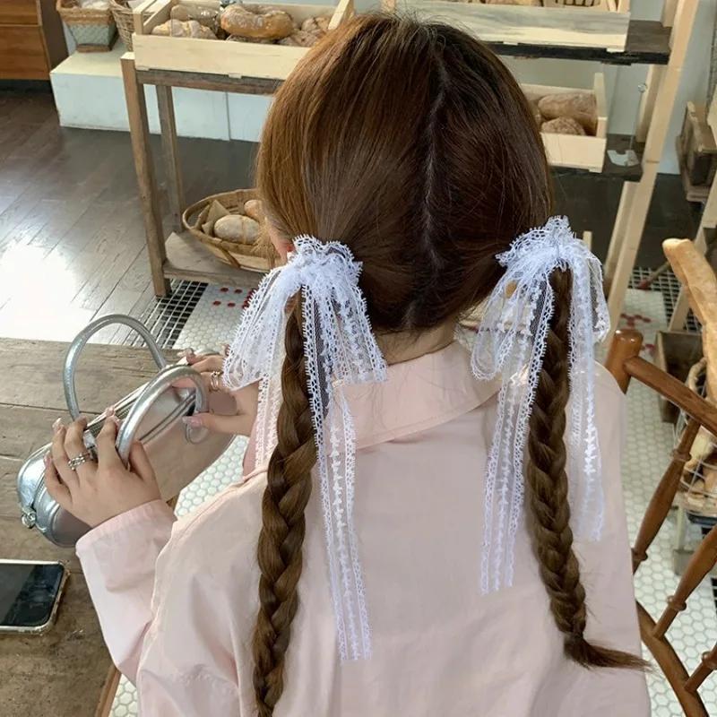 1/4Pcs Ribbon Lace Bow Hair Rope Girls French Lace Ballet Style Sweet Ponytail Holder Hair Scrunchies Elastic Hair Ring Headwear