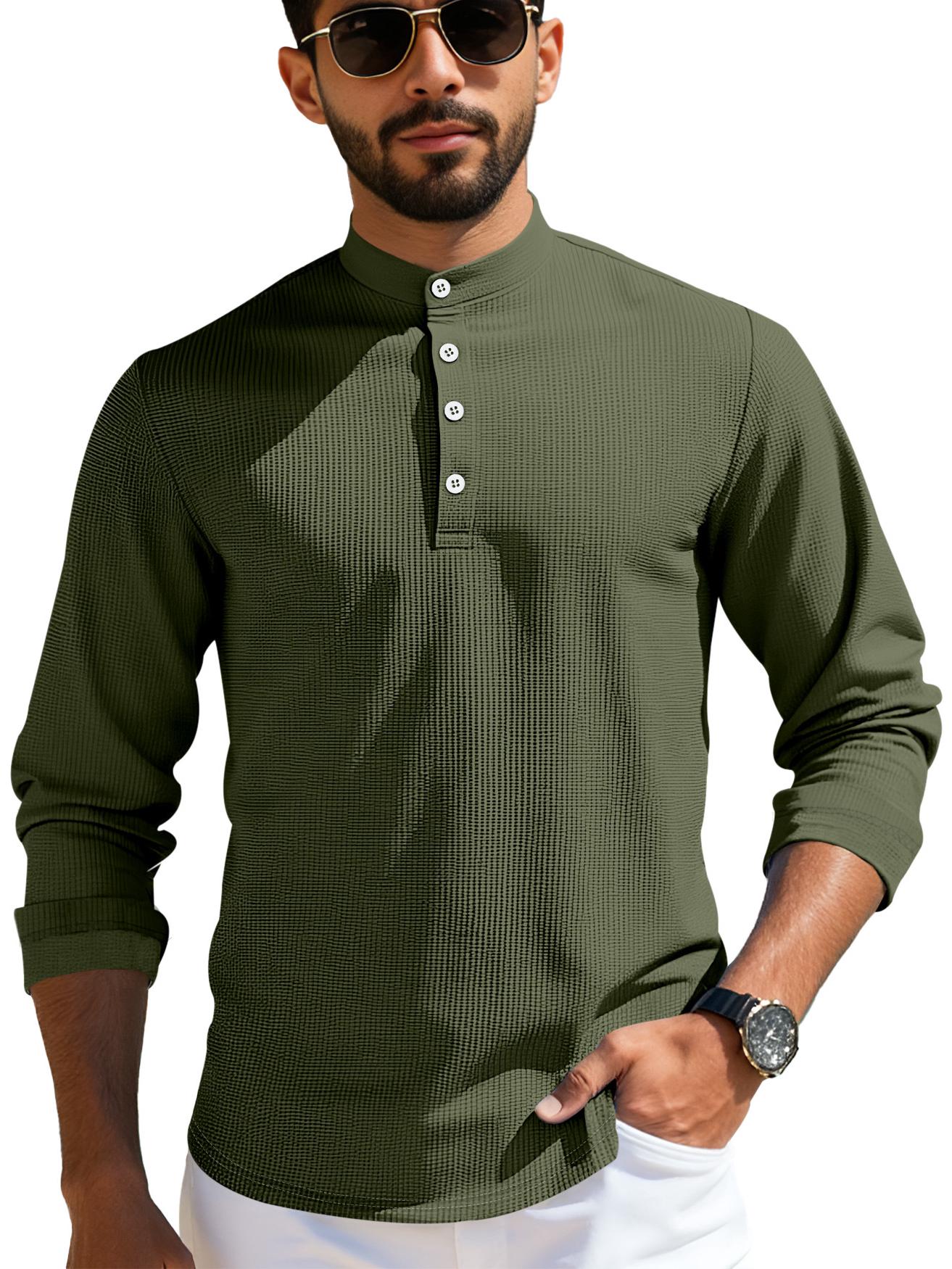 

Men s Summer Short-Sleeve Waffle Polo Shirt - Casual Loose Fit with Stand-up Collar and Button Detail S армія зелений колір