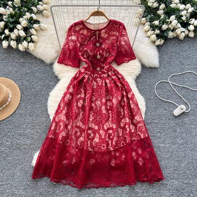 Luxury French High End Super Beautiful Lace Embroidery Women Summer O Neck Short Sleeve Bow Casual Party Evening Dresses