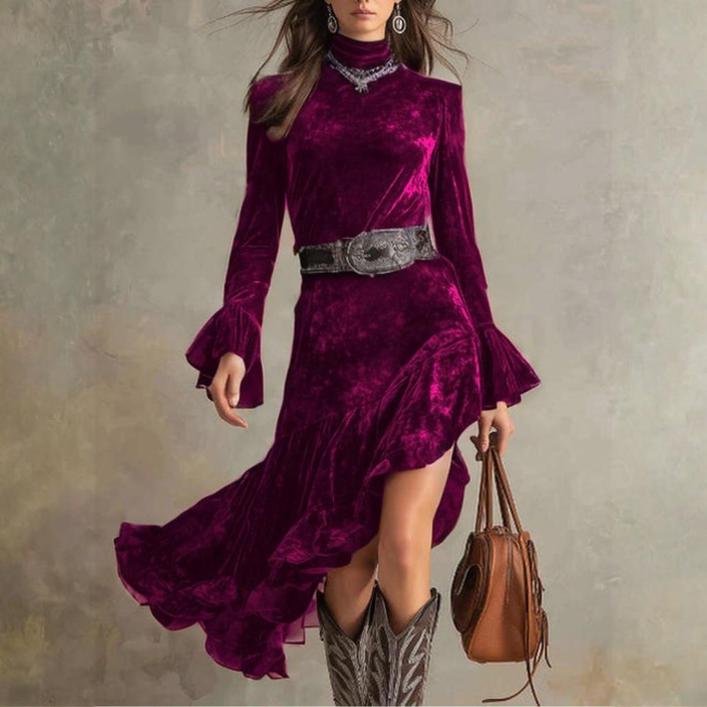 Women's Velvet Long Sleeve Tight Waist Dress Vintage High Neck Irregular Skirt Dress