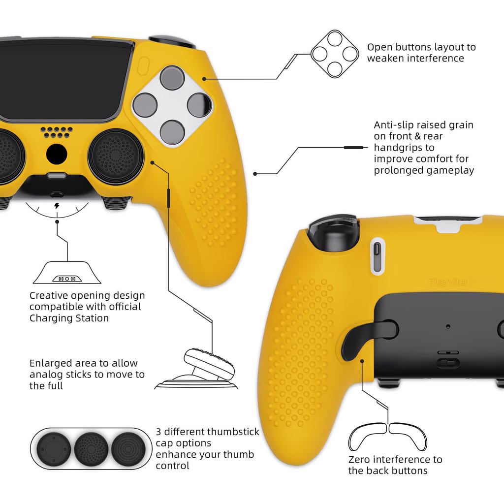 PlayVital Housse en Silicone pour Manette PS5 Edge Protecteur en Caoutchouc Souple Skin avec Caches Joysticks Édition 3D à Picots Étui Antidérapant, - (Jaune)
