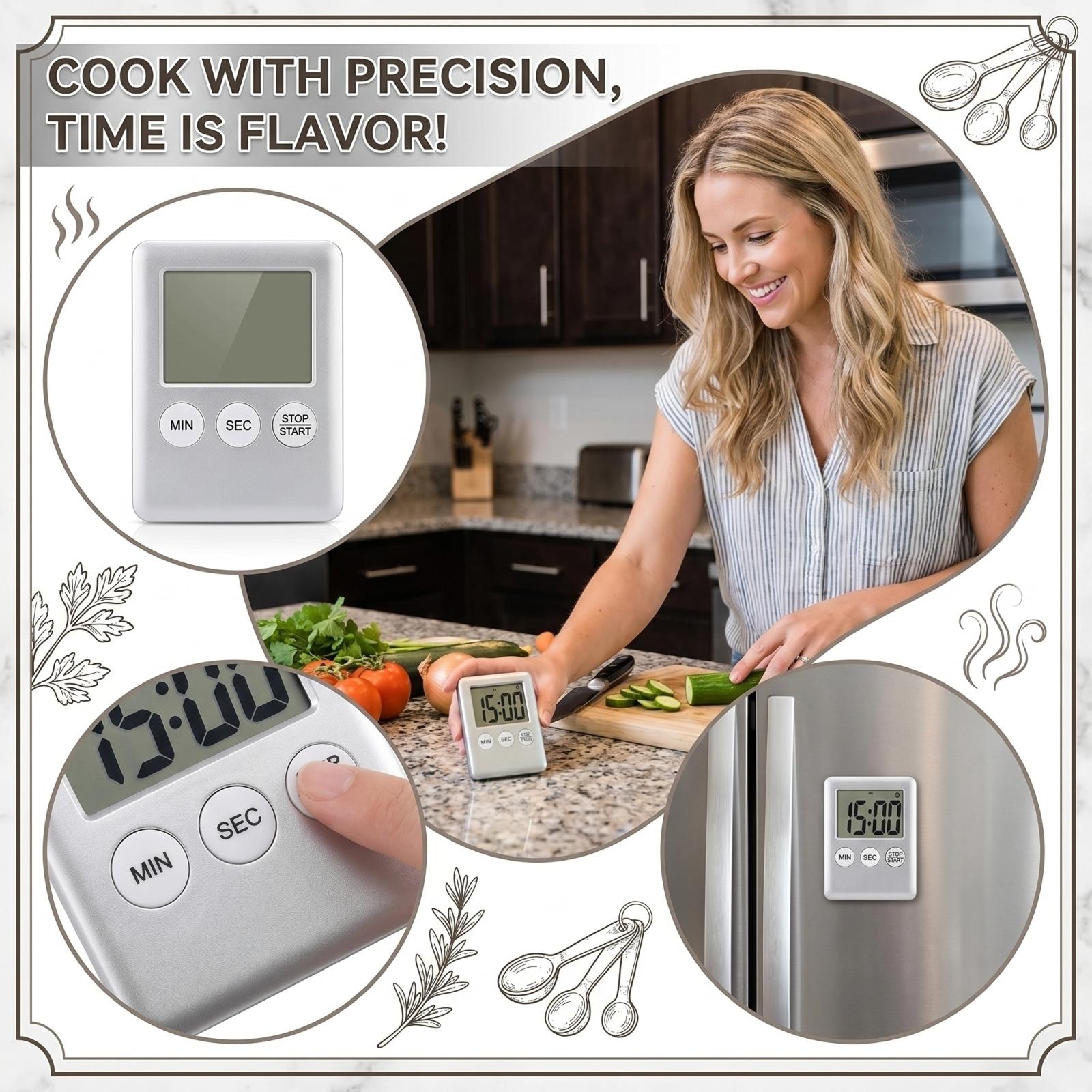 Digital Kitchen Timer with Large LCD Screen Easy Operation Minute Second Countdown Timer for Cooking Baking and Time Management One Size серебряный