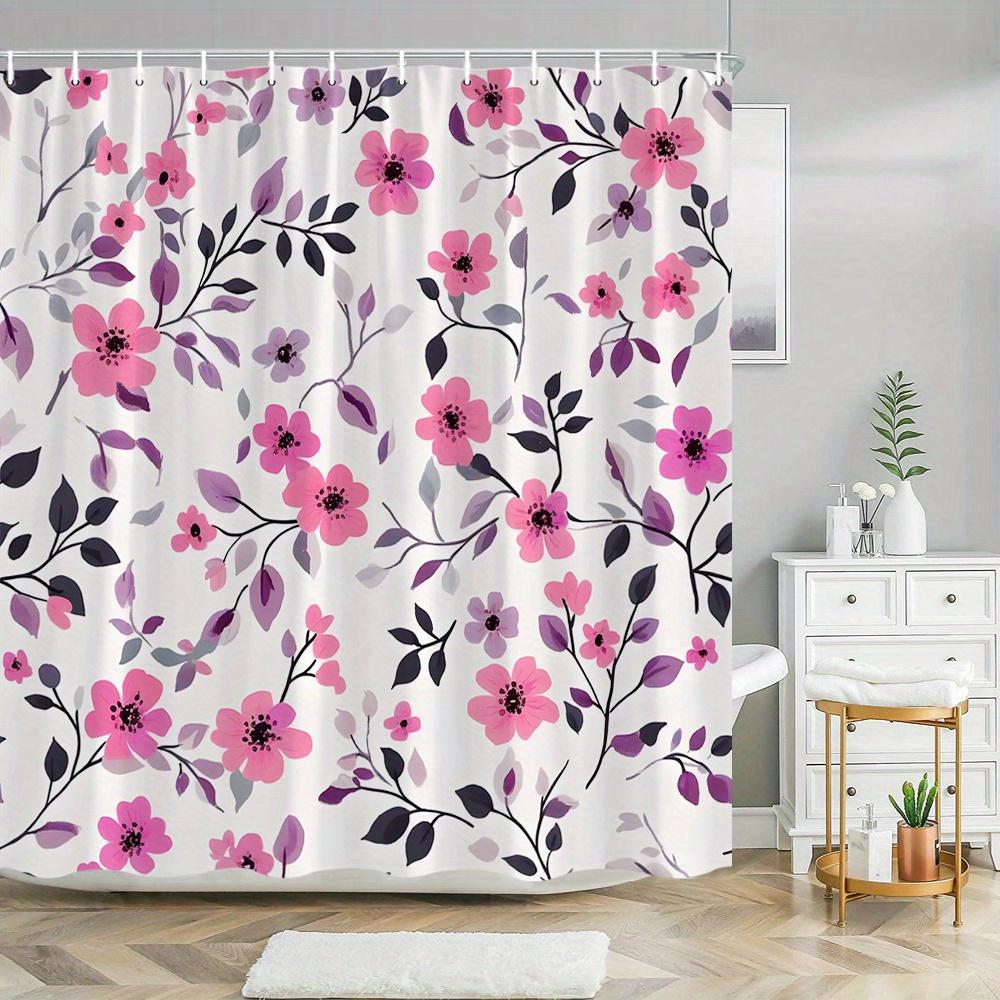

1 Pink Purple Floral Shower Curtain - Digital Seamless Modern Design, Dark Center Flowers And Curved Stems, Polyester Fabric W60H190(CM)-1 Pcs