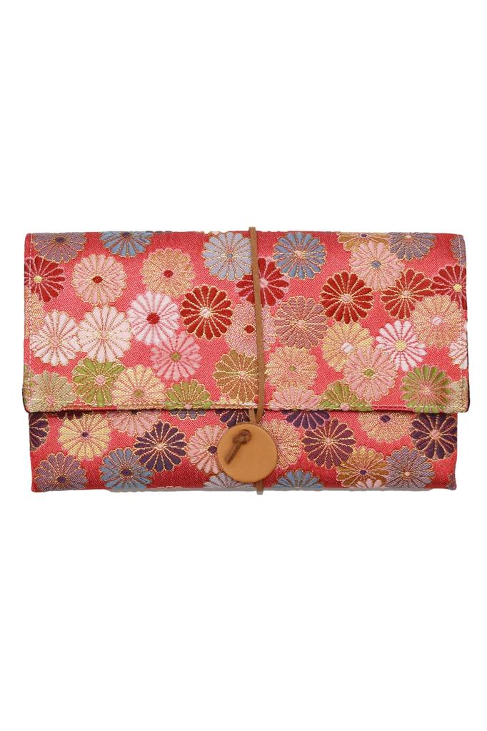 Gold Brocade Kaishi Case with Scissors for Tea and First Practice Nishijin-ori Ceremony, Hatsugama, (Chrysanthemum Design, Pink)