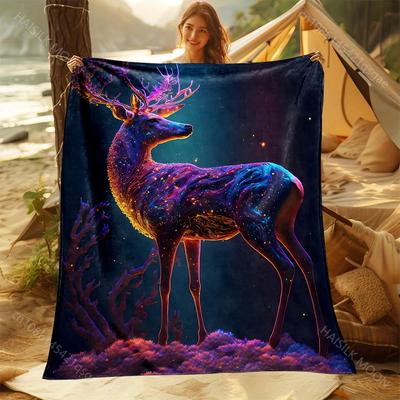 1PC Fantasy Neon Deer Print Adult Children Warm Blankets Home Travel Car Soft and Comfortable Suitable for All Seasons