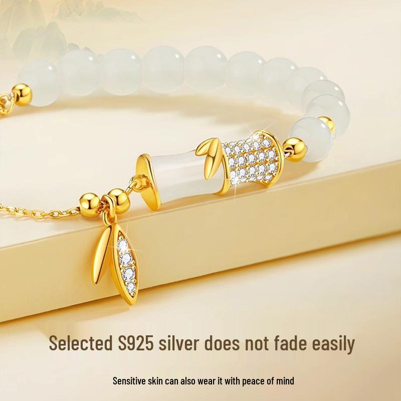 Bamboo Hetian Jade Sterling Silver Bracelet for Women – Elegant Beaded Christmas Gift