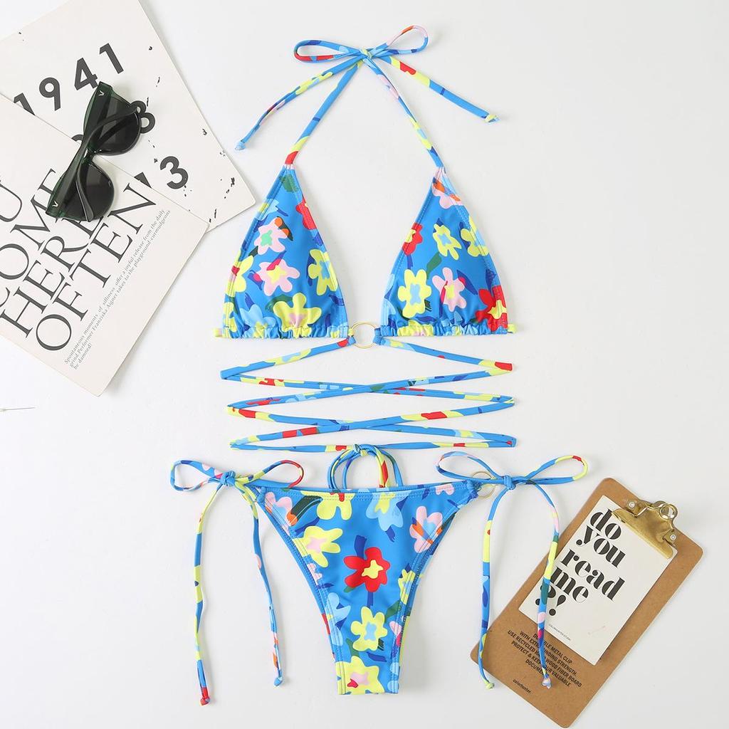Women's Sexy Multi-Color Digital Print Lace-Up Bikini Swimwear