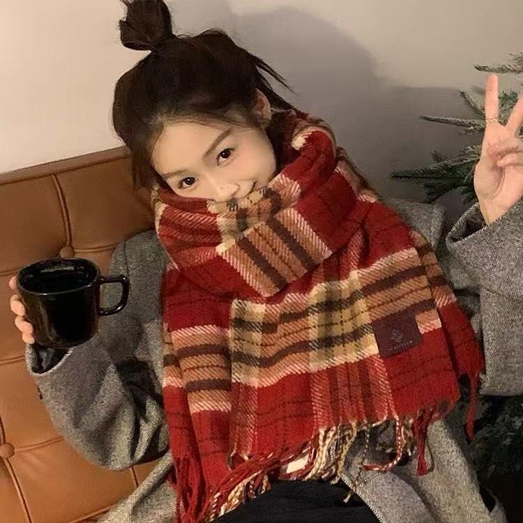 2025 New Year Red Plaid Faux Cashmere Scarf, Warm Shawl for Men and Women