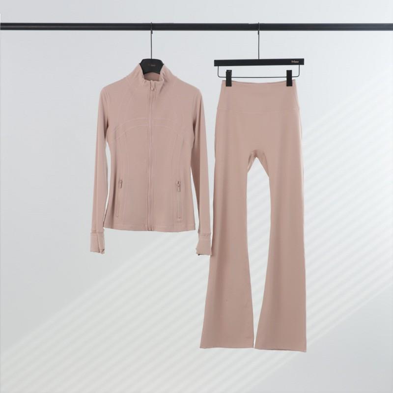 Womens Stand Collar Jacket Flared Pants Set Casual Sporty All-Match Yoga Outfit
