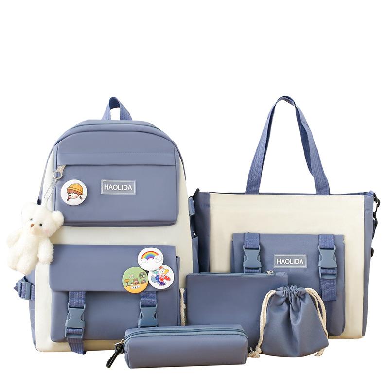 Large Capacity Canvas Backpack For High School Students Korean Version For Women Set Of 5 Pieces University Student Autumn New