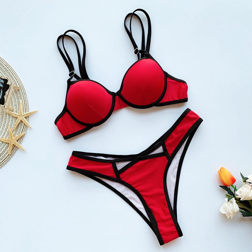 Damen gepolsterter BH Bikini Zweiteiler G-String Tanga Badebekleidung Badeanzug