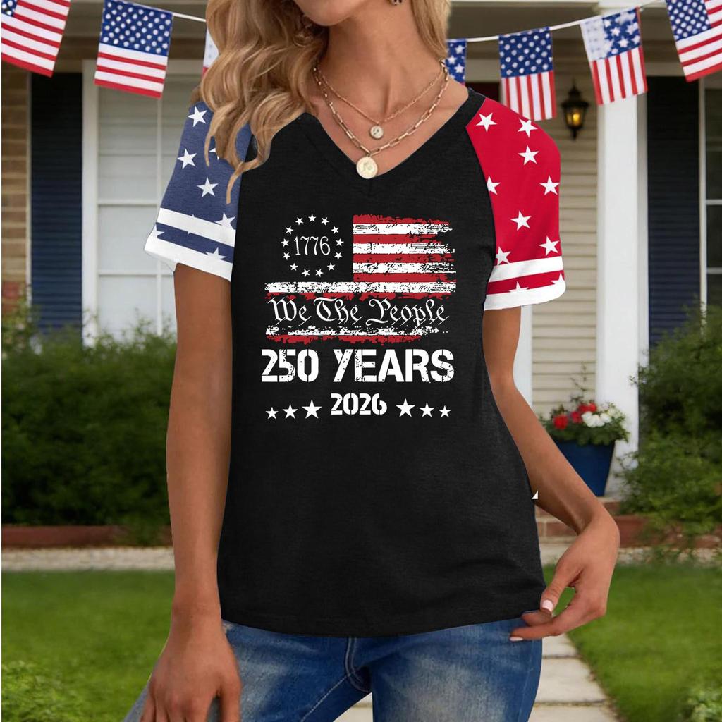 Women's Casual V Neck Short Sleeve Pullover T Shirt Independence Day Graphic Print Top 250 Years Commemorative Design 2026