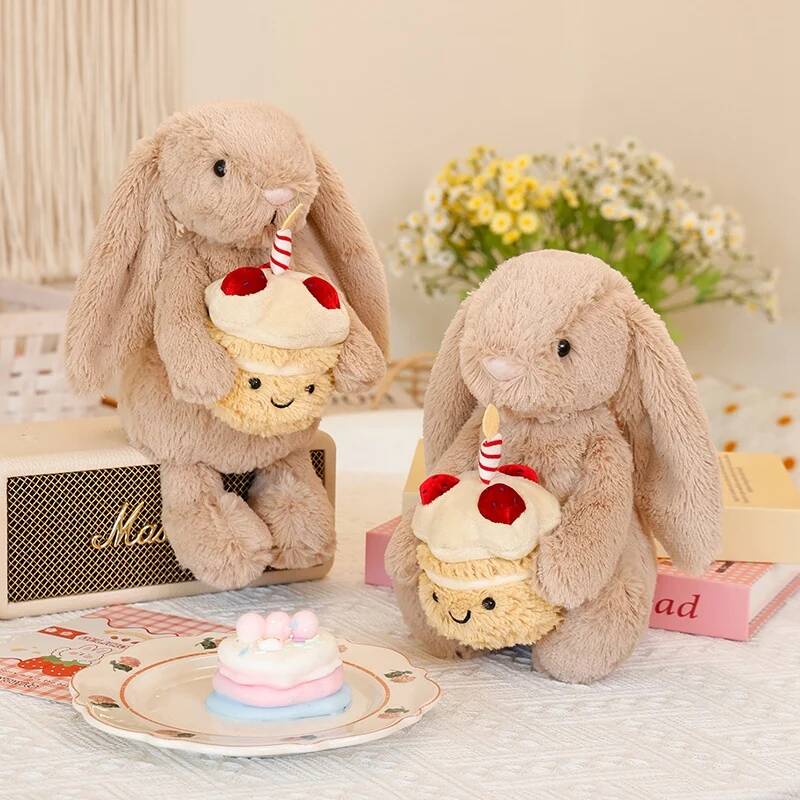 31cm Conejo Bonnie Sosteniendo Pastel de Cumpleaños Animales de Peluche Conejito Lindo Muñeco Acompañante Regalo de Pascua Decoraciones de Cumpleaños para Niños