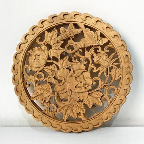 Diameter 27cm/10.8" Chinese style camphor wood carving circular decoration living room entrance background wall pendant