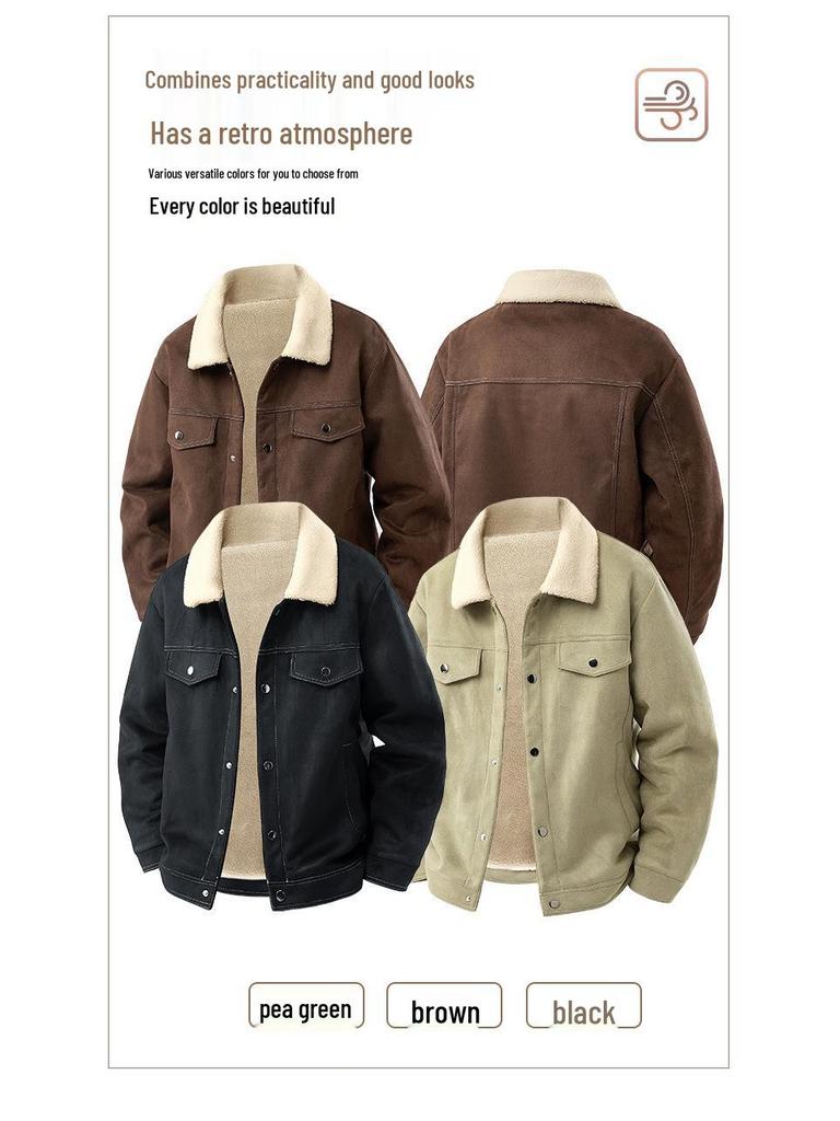 Men's American Retro Suede Plush Top Coat - Casual Winter Jacket with Extra Velvet and Thickness.