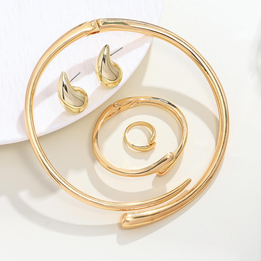 Heavy Metal Temperament Geometric Ring Glossy Water Drop Collar Bracelet Earrings Jewelry Set